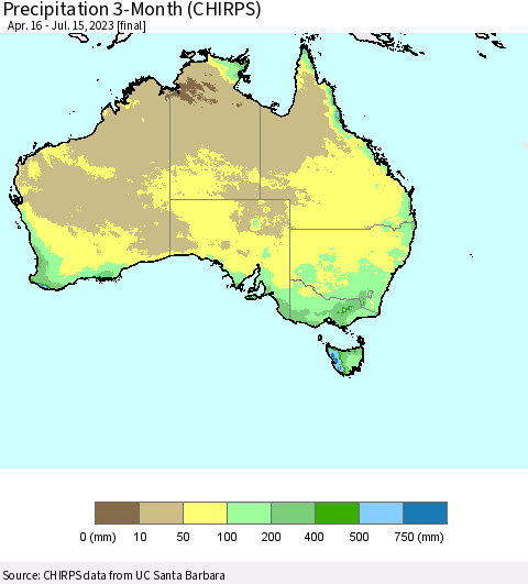 Australia Precipitation 3-Month (CHIRPS) Thematic Map For 4/16/2023 - 7/15/2023