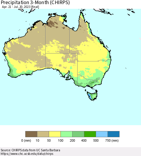 Australia Precipitation 3-Month (CHIRPS) Thematic Map For 4/21/2023 - 7/20/2023