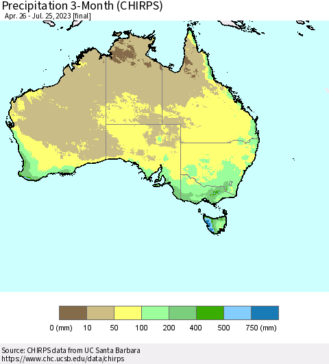 Australia Precipitation 3-Month (CHIRPS) Thematic Map For 4/26/2023 - 7/25/2023