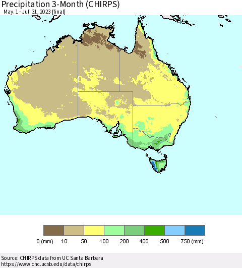 Australia Precipitation 3-Month (CHIRPS) Thematic Map For 5/1/2023 - 7/31/2023