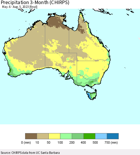 Australia Precipitation 3-Month (CHIRPS) Thematic Map For 5/6/2023 - 8/5/2023