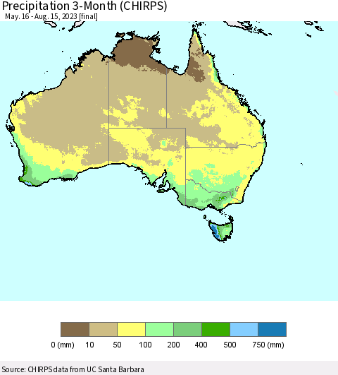 Australia Precipitation 3-Month (CHIRPS) Thematic Map For 5/16/2023 - 8/15/2023