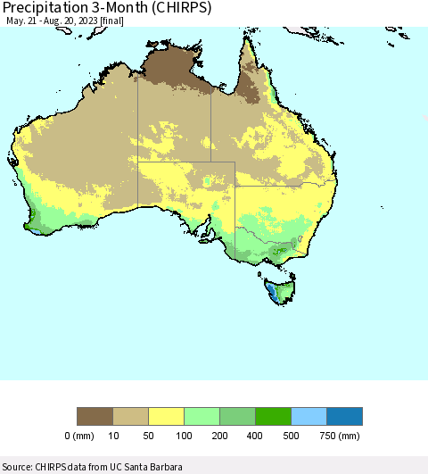 Australia Precipitation 3-Month (CHIRPS) Thematic Map For 5/21/2023 - 8/20/2023