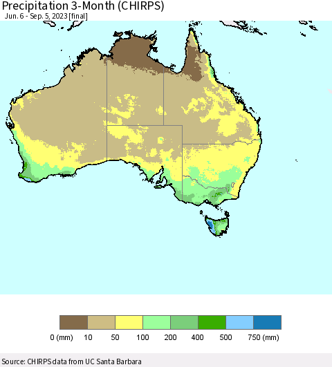 Australia Precipitation 3-Month (CHIRPS) Thematic Map For 6/6/2023 - 9/5/2023