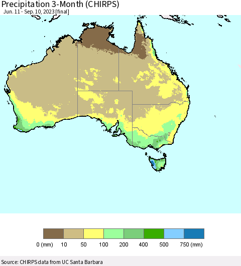 Australia Precipitation 3-Month (CHIRPS) Thematic Map For 6/11/2023 - 9/10/2023