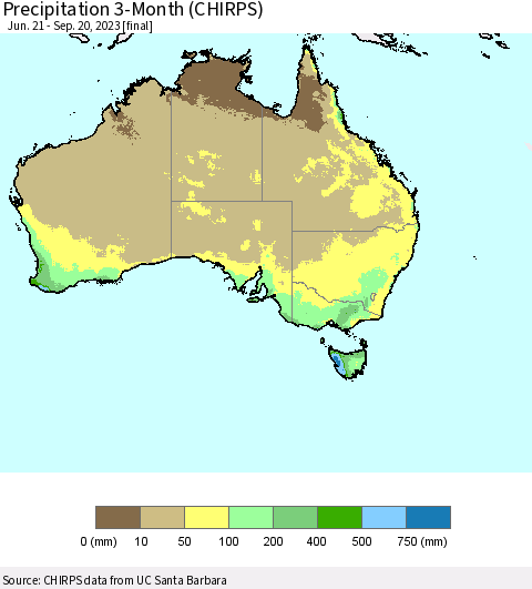 Australia Precipitation 3-Month (CHIRPS) Thematic Map For 6/21/2023 - 9/20/2023