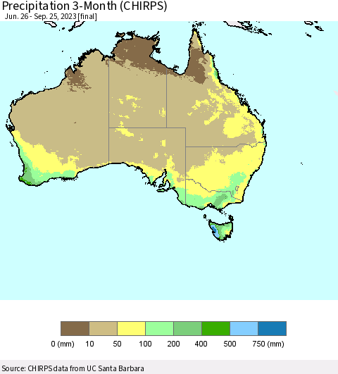 Australia Precipitation 3-Month (CHIRPS) Thematic Map For 6/26/2023 - 9/25/2023