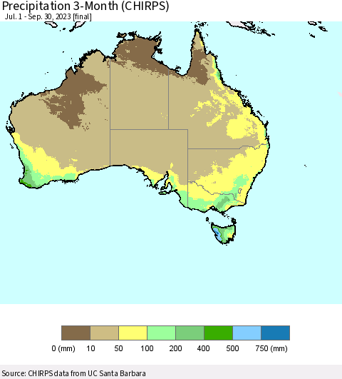 Australia Precipitation 3-Month (CHIRPS) Thematic Map For 7/1/2023 - 9/30/2023