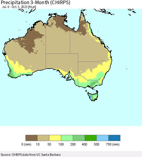 Australia Precipitation 3-Month (CHIRPS) Thematic Map For 7/6/2023 - 10/5/2023