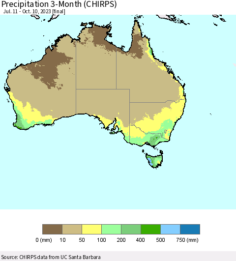 Australia Precipitation 3-Month (CHIRPS) Thematic Map For 7/11/2023 - 10/10/2023