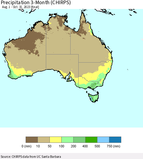 Australia Precipitation 3-Month (CHIRPS) Thematic Map For 8/1/2023 - 10/31/2023