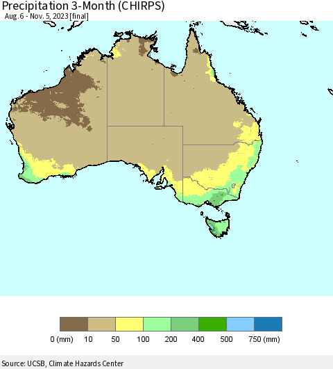 Australia Precipitation 3-Month (CHIRPS) Thematic Map For 8/6/2023 - 11/5/2023