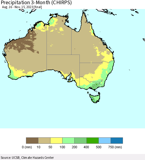 Australia Precipitation 3-Month (CHIRPS) Thematic Map For 8/16/2023 - 11/15/2023