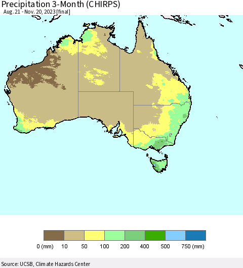 Australia Precipitation 3-Month (CHIRPS) Thematic Map For 8/21/2023 - 11/20/2023