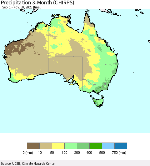 Australia Precipitation 3-Month (CHIRPS) Thematic Map For 9/1/2023 - 11/30/2023