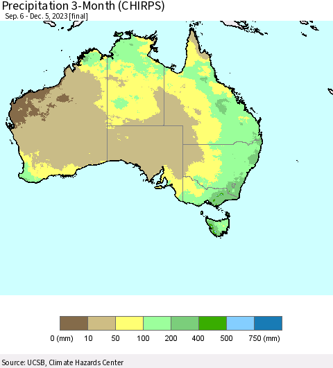 Australia Precipitation 3-Month (CHIRPS) Thematic Map For 9/6/2023 - 12/5/2023
