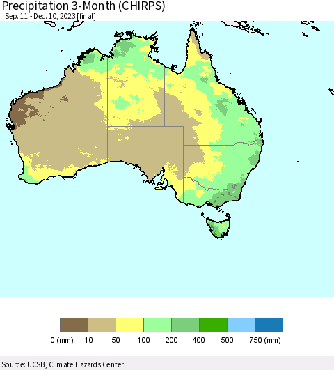 Australia Precipitation 3-Month (CHIRPS) Thematic Map For 9/11/2023 - 12/10/2023