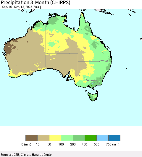 Australia Precipitation 3-Month (CHIRPS) Thematic Map For 9/16/2023 - 12/15/2023