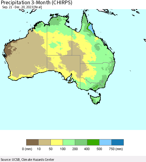 Australia Precipitation 3-Month (CHIRPS) Thematic Map For 9/21/2023 - 12/20/2023