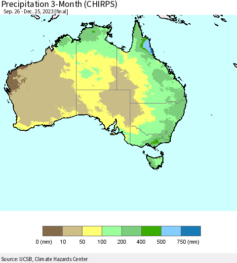 Australia Precipitation 3-Month (CHIRPS) Thematic Map For 9/26/2023 - 12/25/2023