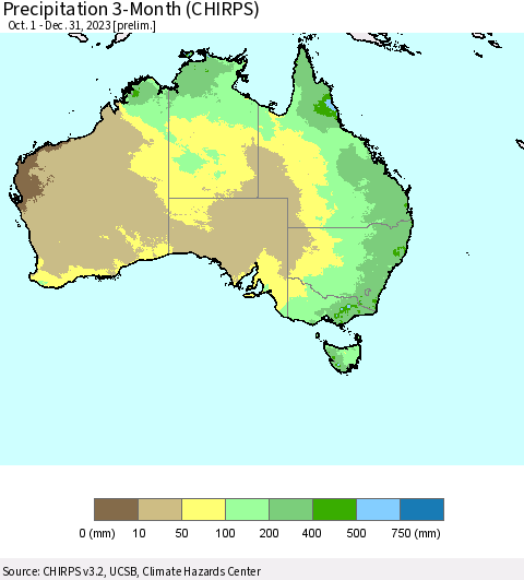Australia Precipitation 3-Month (CHIRPS) Thematic Map For 10/1/2023 - 12/31/2023