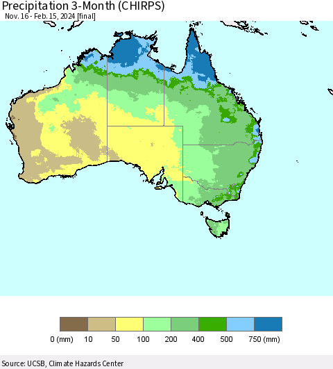 Australia Precipitation 3-Month (CHIRPS) Thematic Map For 11/16/2023 - 2/15/2024