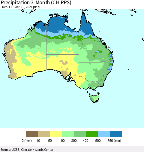 Australia Precipitation 3-Month (CHIRPS) Thematic Map For 12/11/2023 - 3/10/2024