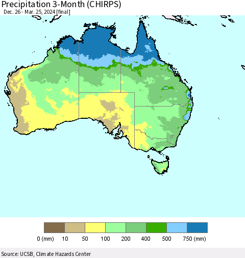 Australia Precipitation 3-Month (CHIRPS) Thematic Map For 12/26/2023 - 3/25/2024