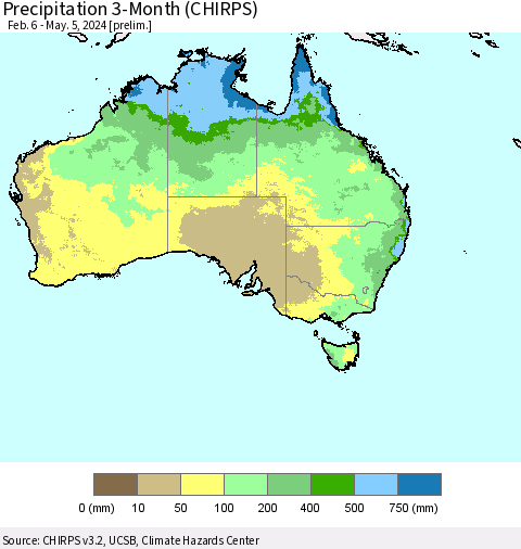 Australia Precipitation 3-Month (CHIRPS) Thematic Map For 2/6/2024 - 5/5/2024