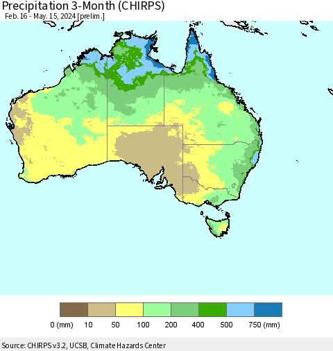 Australia Precipitation 3-Month (CHIRPS) Thematic Map For 2/16/2024 - 5/15/2024