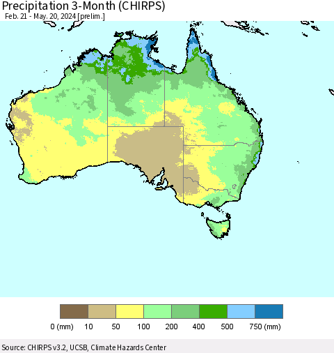 Australia Precipitation 3-Month (CHIRPS) Thematic Map For 2/21/2024 - 5/20/2024