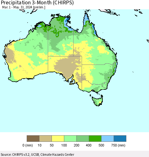 Australia Precipitation 3-Month (CHIRPS) Thematic Map For 3/1/2024 - 5/31/2024