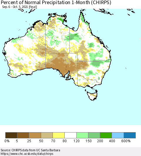 Australia Percent of Normal Precipitation 1-Month (CHIRPS) Thematic Map For 9/6/2021 - 10/5/2021
