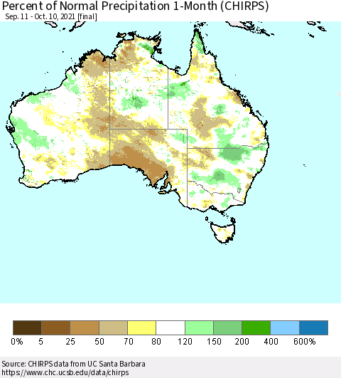 Australia Percent of Normal Precipitation 1-Month (CHIRPS) Thematic Map For 9/11/2021 - 10/10/2021