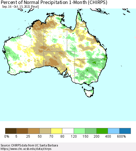 Australia Percent of Normal Precipitation 1-Month (CHIRPS) Thematic Map For 9/16/2021 - 10/15/2021
