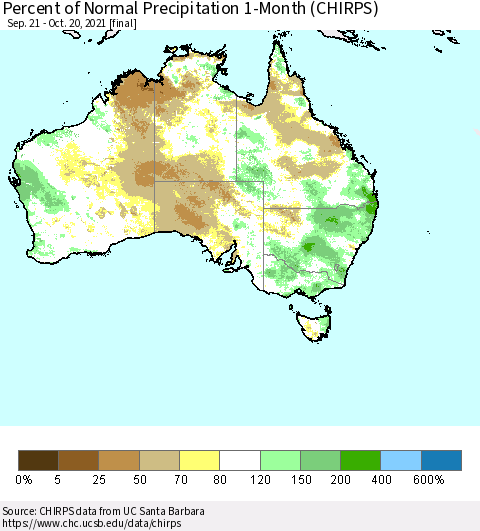 Australia Percent of Normal Precipitation 1-Month (CHIRPS) Thematic Map For 9/21/2021 - 10/20/2021