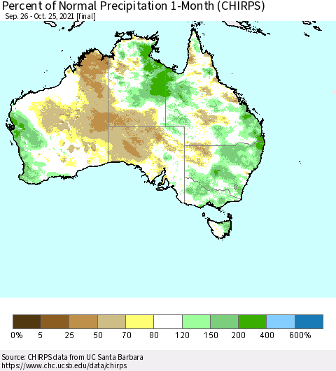 Australia Percent of Normal Precipitation 1-Month (CHIRPS) Thematic Map For 9/26/2021 - 10/25/2021