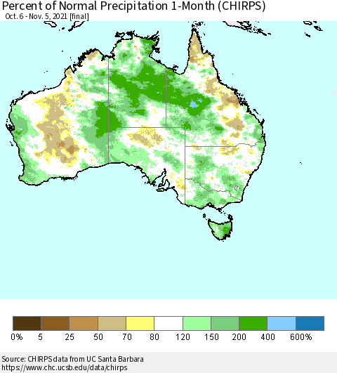 Australia Percent of Normal Precipitation 1-Month (CHIRPS) Thematic Map For 10/6/2021 - 11/5/2021