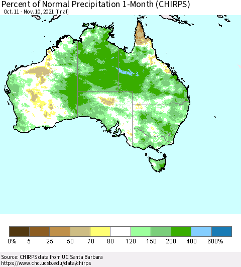 Australia Percent of Normal Precipitation 1-Month (CHIRPS) Thematic Map For 10/11/2021 - 11/10/2021