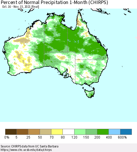 Australia Percent of Normal Precipitation 1-Month (CHIRPS) Thematic Map For 10/16/2021 - 11/15/2021