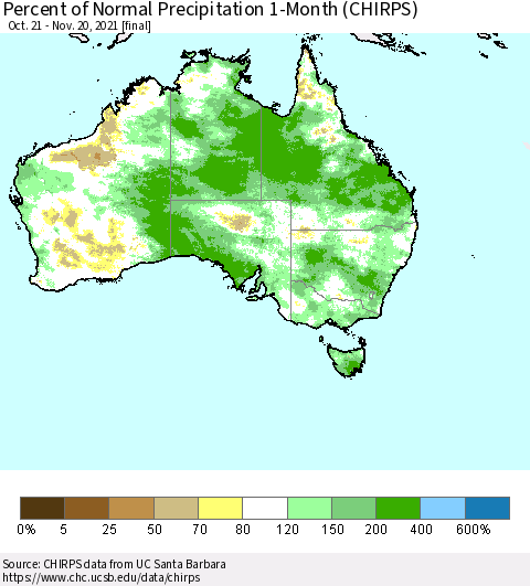 Australia Percent of Normal Precipitation 1-Month (CHIRPS) Thematic Map For 10/21/2021 - 11/20/2021