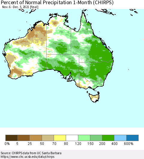 Australia Percent of Normal Precipitation 1-Month (CHIRPS) Thematic Map For 11/6/2021 - 12/5/2021