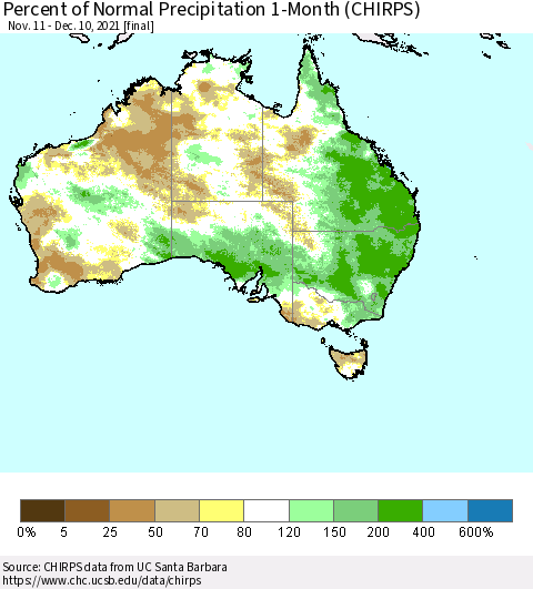 Australia Percent of Normal Precipitation 1-Month (CHIRPS) Thematic Map For 11/11/2021 - 12/10/2021
