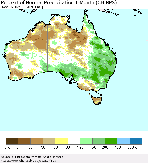 Australia Percent of Normal Precipitation 1-Month (CHIRPS) Thematic Map For 11/16/2021 - 12/15/2021