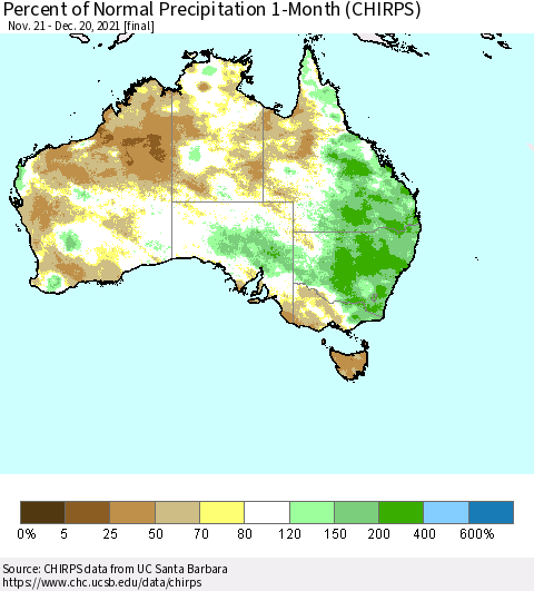 Australia Percent of Normal Precipitation 1-Month (CHIRPS) Thematic Map For 11/21/2021 - 12/20/2021