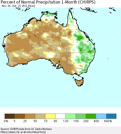 Australia Percent of Normal Precipitation 1-Month (CHIRPS) Thematic Map For 11/26/2021 - 12/25/2021