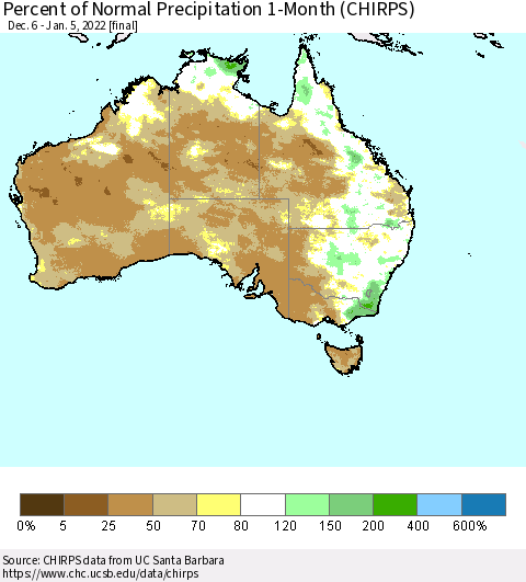 Australia Percent of Normal Precipitation 1-Month (CHIRPS) Thematic Map For 12/6/2021 - 1/5/2022
