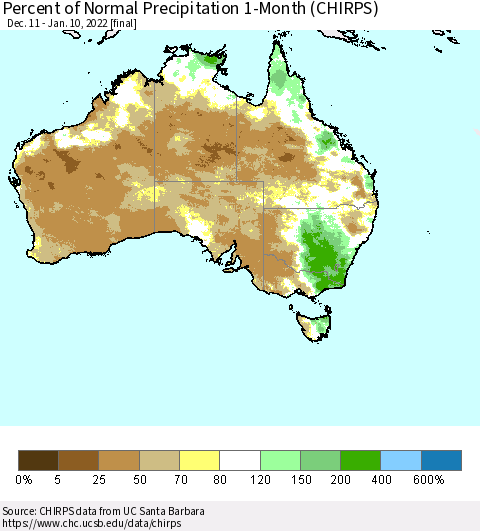 Australia Percent of Normal Precipitation 1-Month (CHIRPS) Thematic Map For 12/11/2021 - 1/10/2022