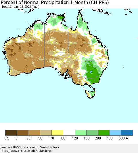Australia Percent of Normal Precipitation 1-Month (CHIRPS) Thematic Map For 12/16/2021 - 1/15/2022