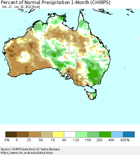 Australia Percent of Normal Precipitation 1-Month (CHIRPS) Thematic Map For 12/21/2021 - 1/20/2022